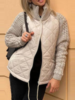 Women's Solid Color Stand Collar Long Sleeve Casual Loose Knitted Patchwork Cotton Jacket