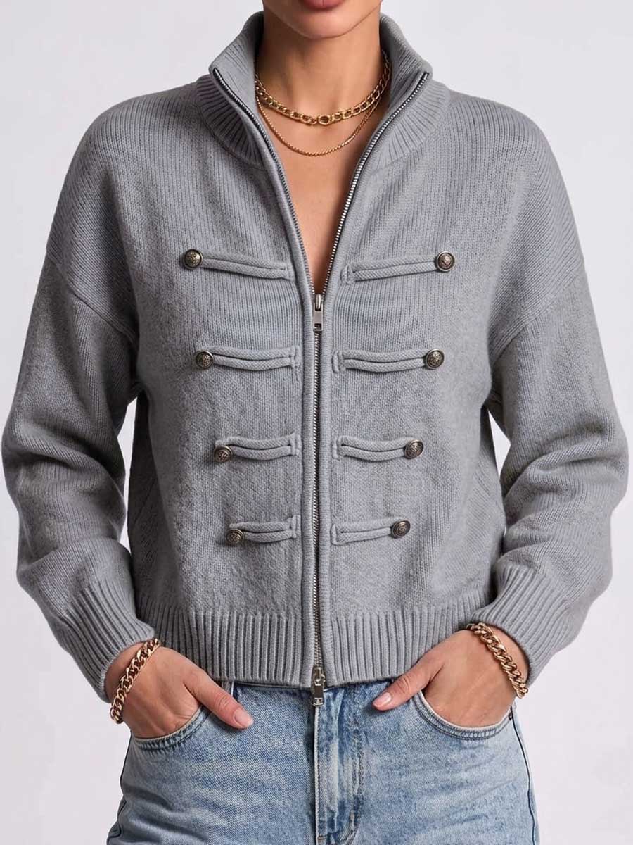 Women's Solid Color Stand Collar Long Sleeve Casual Loose Knit Cardigan