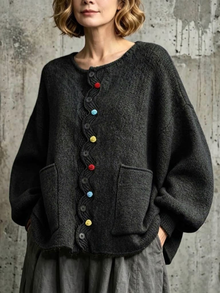 Loose-fit, Drop-shoulder Knit Cardigan Featuring A Wavy Placket, Decorative Colorful Buttons, And Large Patch Pockets