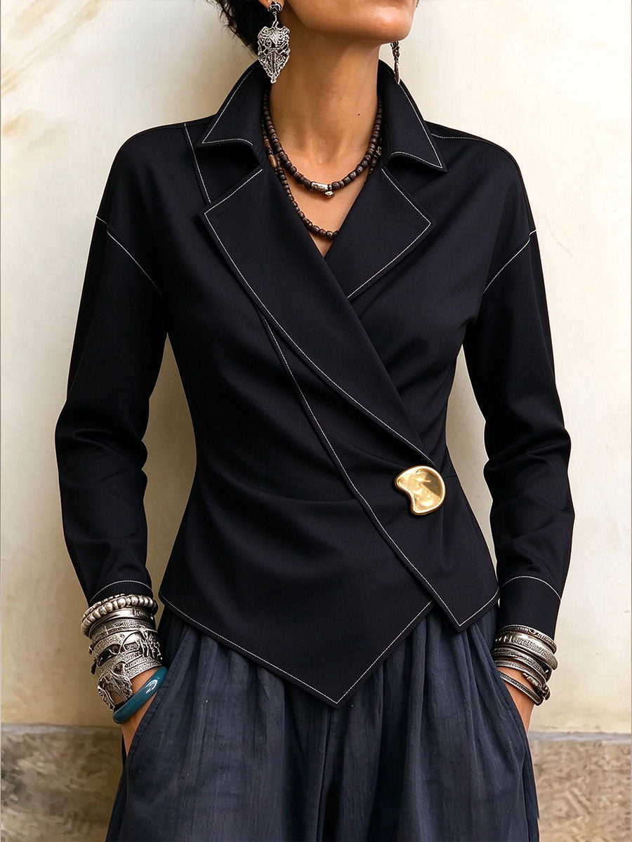 Women's Asymmetric Wrap Blouse with Contrast Stitching