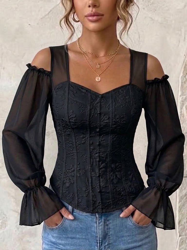 Elegant Off-shoulder Floral Jacquard Shirt – Square Neck, Long Sleeve