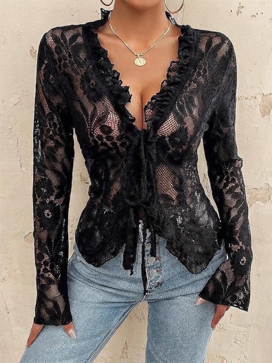 Long-sleeve Lace Shirt With V-neck And Tie-front Detail