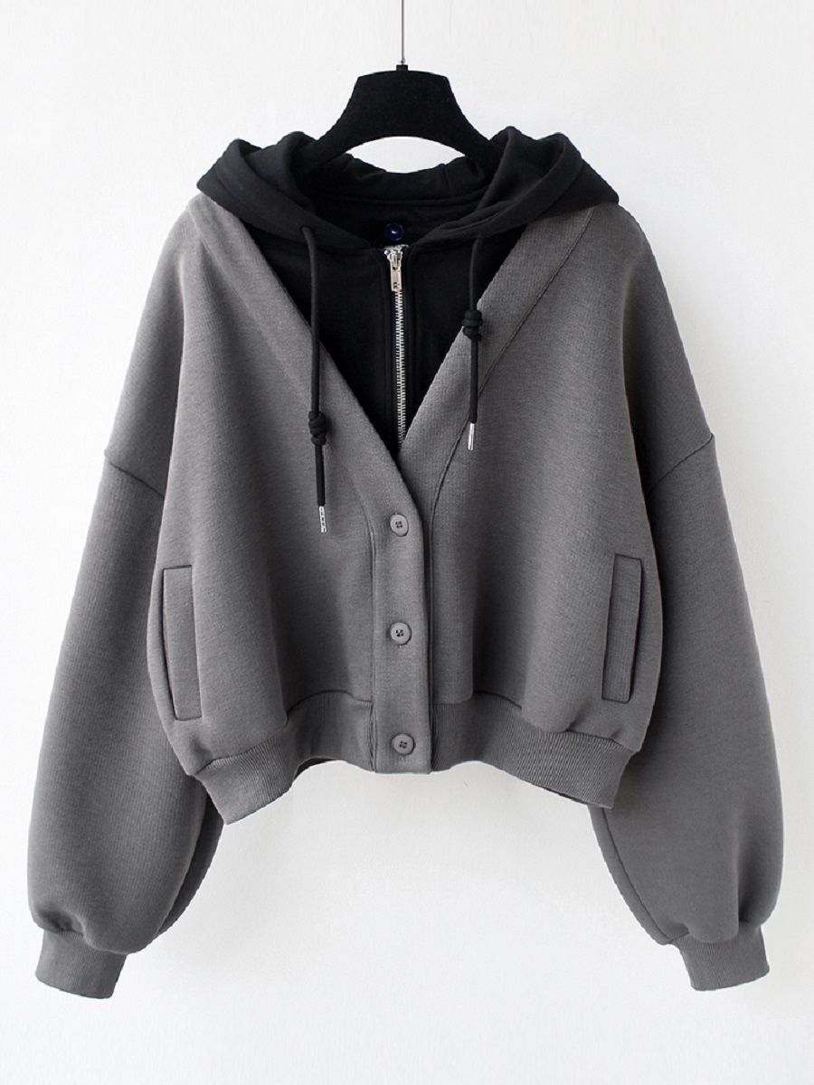 Casual Color-block Faux-layered Hooded Sweatshirt