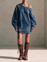One-shoulder Denim Dress With Wavy Hem And Metal Buckle Detail