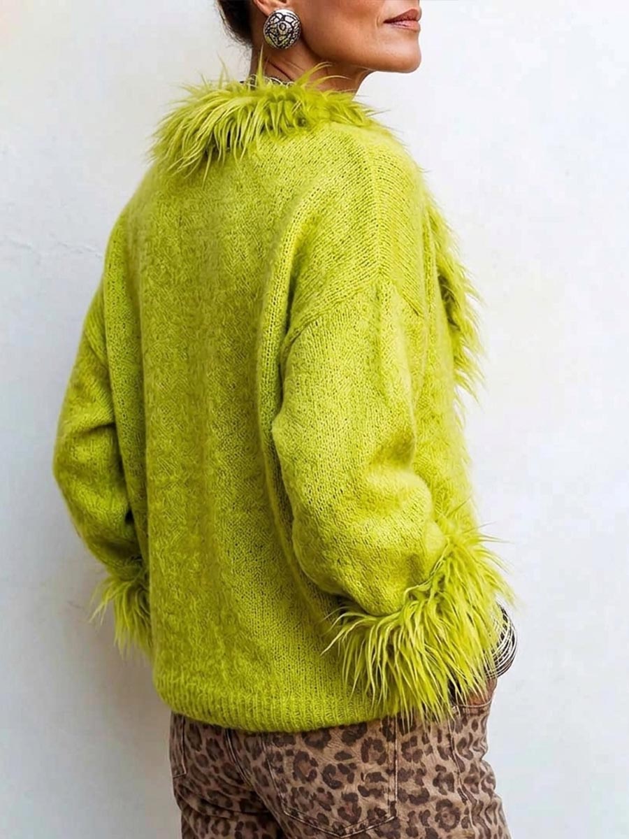 Women's Lime Green Fuzzy Trim V-neck Knit Sweater