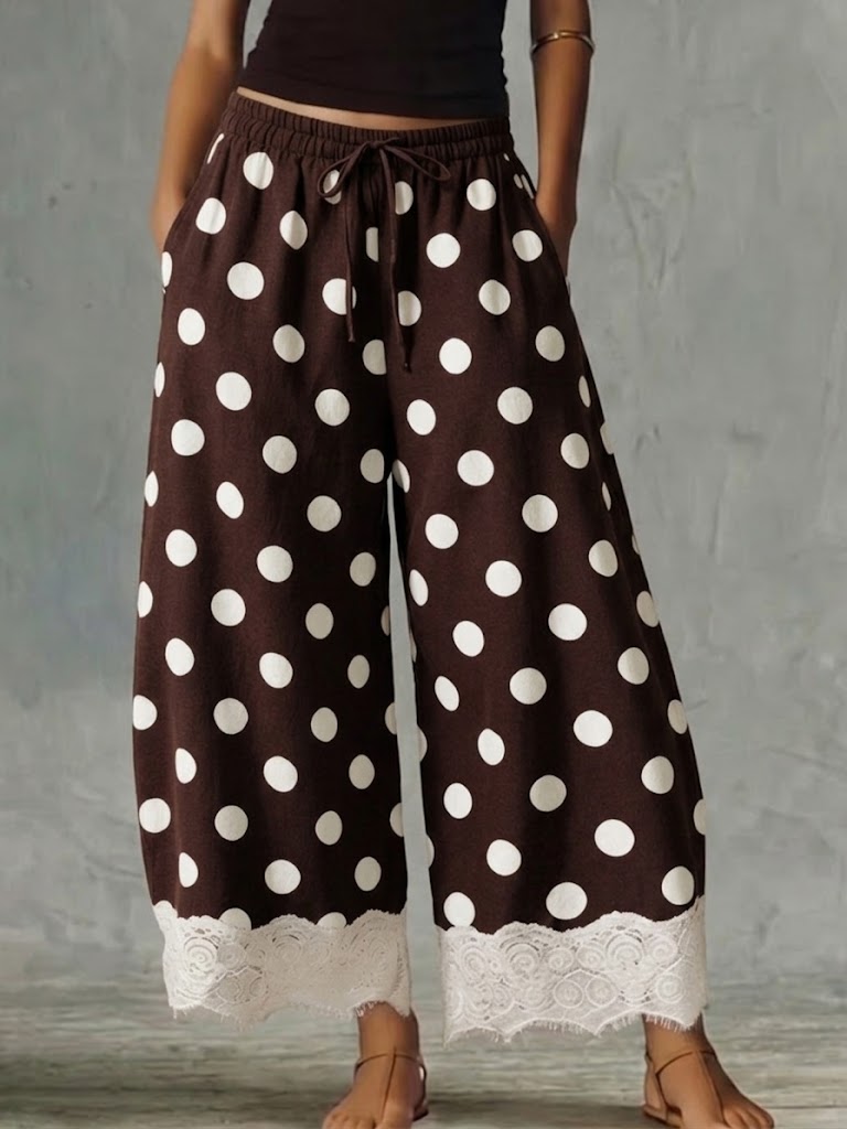 Polka Dot Print Lace‑trim Wide‑leg Culotte Pants