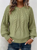 Vertical Cable Knit Raglan Balloon‑sleeve Crew Neck Sweater