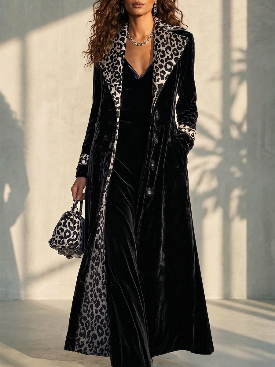 Women's Retro Velvet Long Coat With Leopard Print Color Block Lapel And Inner Panels Single-breasted Long Sleeve Trench Coat