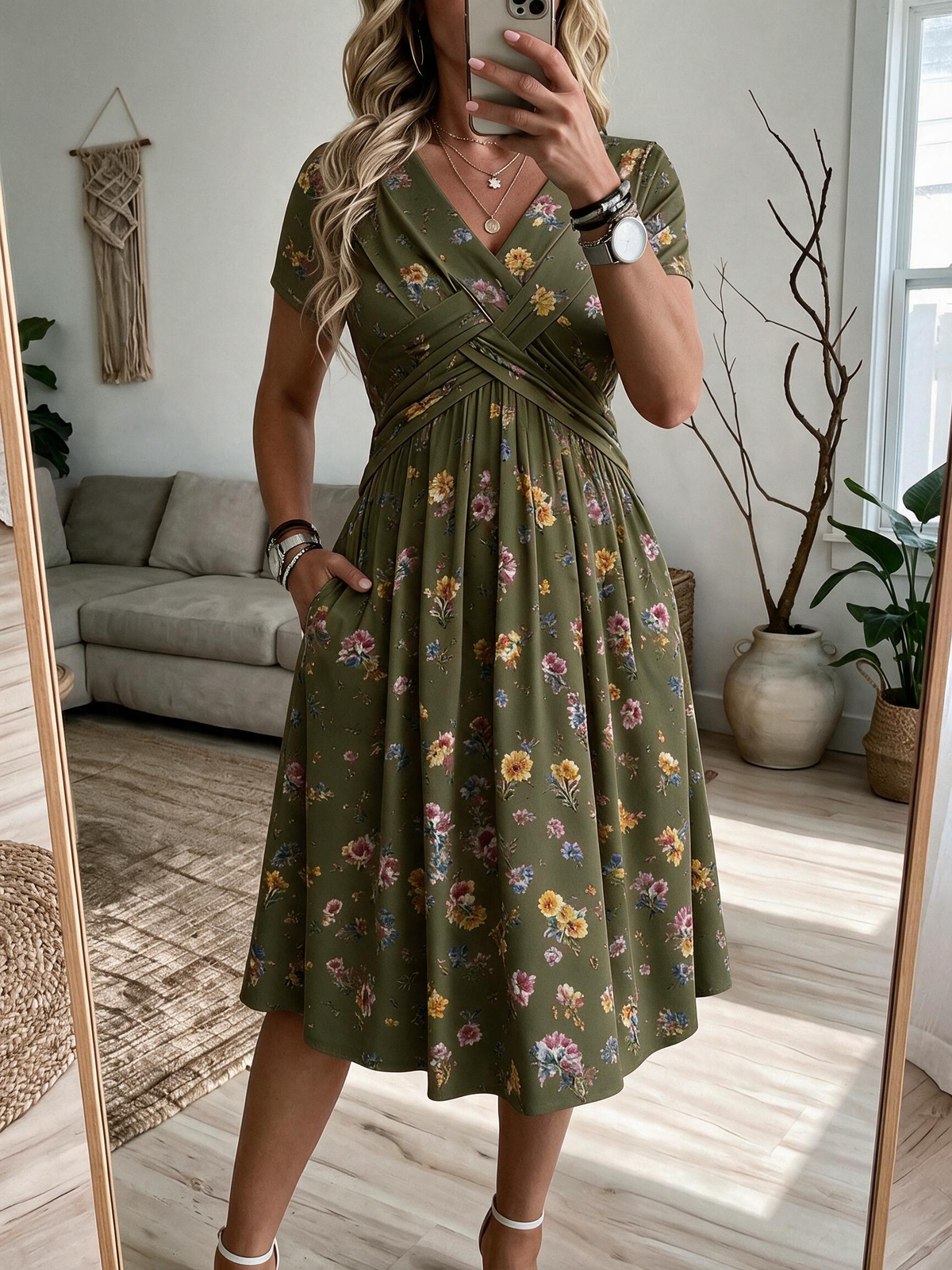 Women's V-Neck Floral Print Dress with Twist Waist