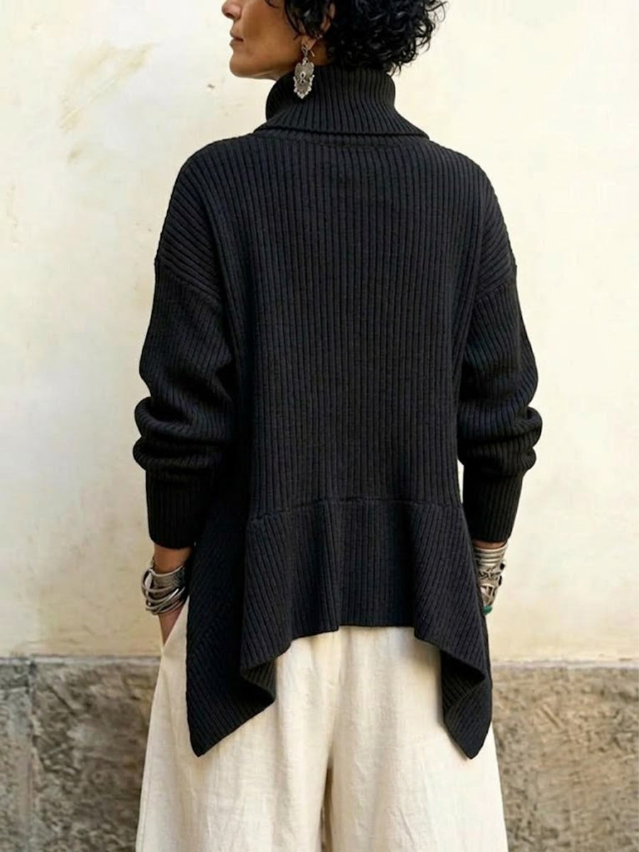 Ribbed-knit Sweater With An Asymmetric Collar, Side-button Fastening, And An Irregular Hem