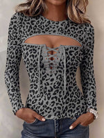 Women's Leopard Print Cut-out Crew Neck Lace-up Long-sleeve Slim-fit Casual Top