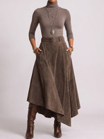 Women's 2-piece Set: Solid-color Stand-collar Long-sleeve Loose Base Layer Top & High-waisted Loose Faux Suede A-line Skirt With Asymmetrical Hem