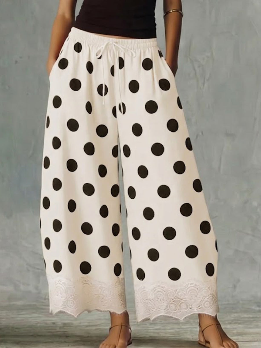 Polka Dot Print Lace‑trim Wide‑leg Culotte Pants