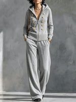 Women's Solid Color Collared Long-Sleeved Casual Loose Hooded Cardigan Top and High-Waisted Wide-Leg Pants Set