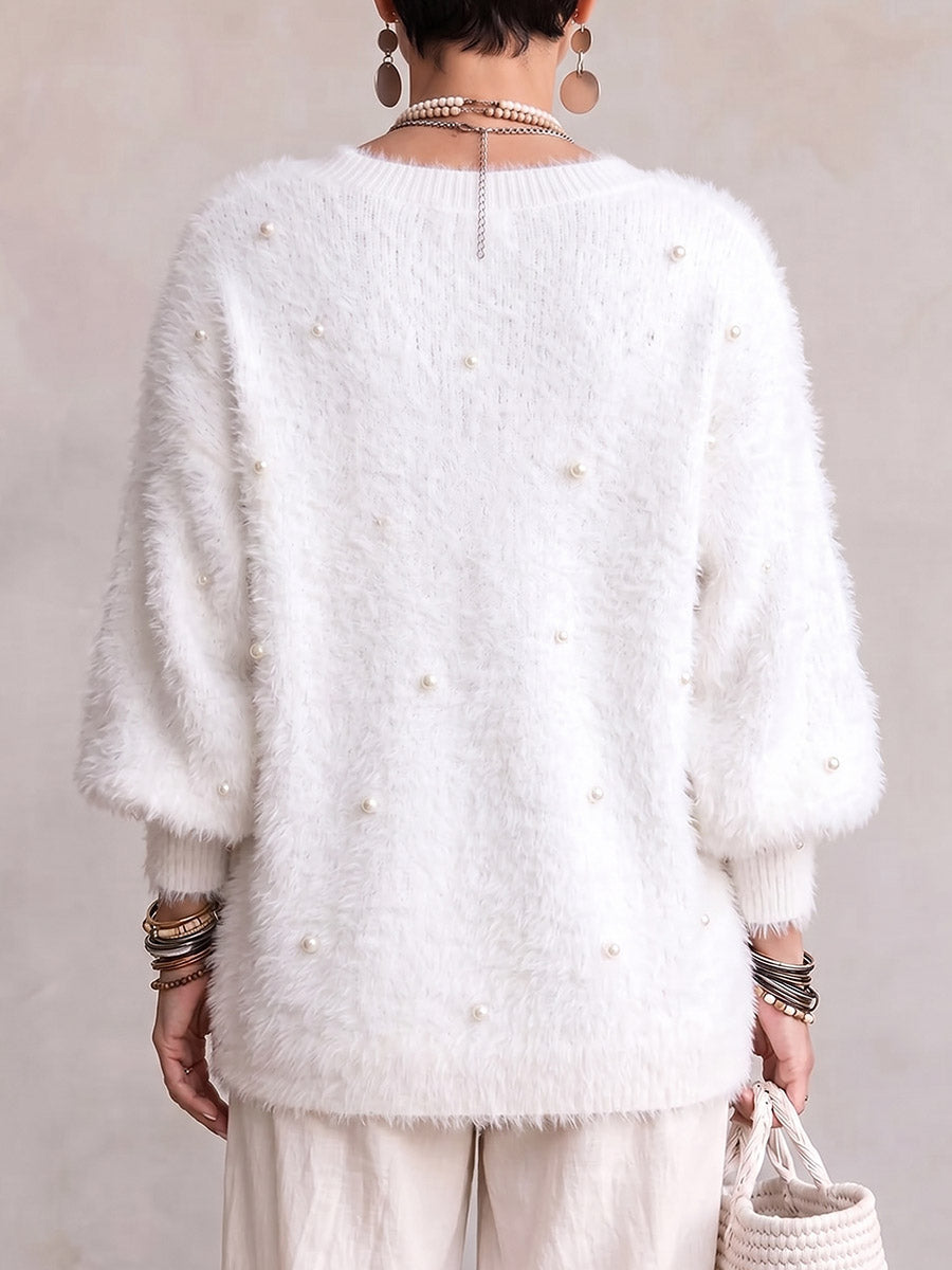 Women's Solid Color V-neck Long-sleeved Casual Loose Beaded Sweater