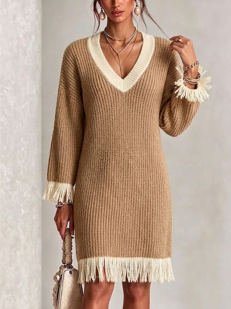 Color-block V-neck Fringed Knit Dress