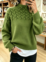 Chic Cozy Basketweave Cable-knit Mock Neck Sweater