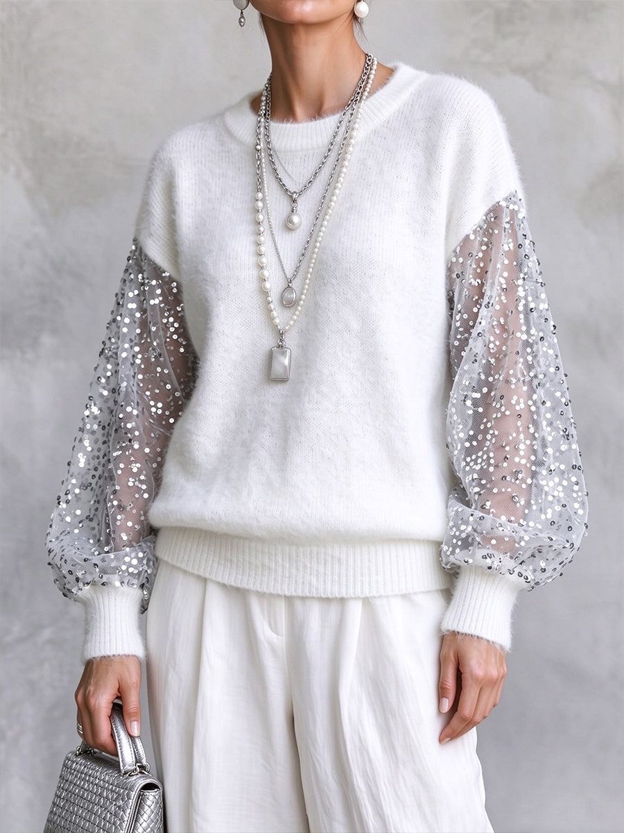 Cozy Sequin-Sleeved Fluffy Knit Pullover