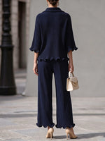 Chic Navy Blue Pleated Ruffle-Trim Two-Piece Set