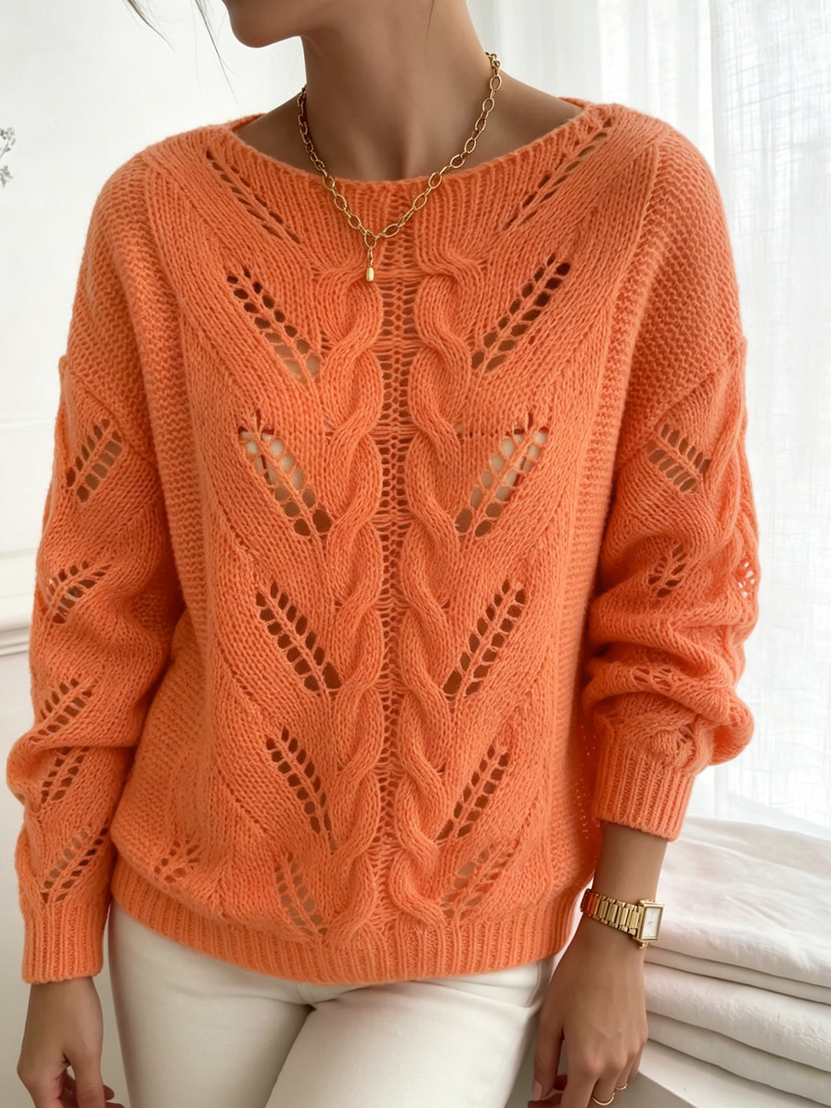 Vibrant Orange Open-Knit Textured Sweater
