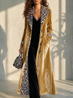 Women's Retro Velvet Long Coat With Leopard Print Color Block Lapel And Inner Panels Single-breasted Long Sleeve Trench Coat