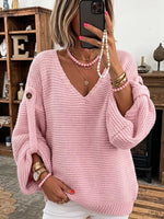 Women's Solid Color V-neck Long Sleeve Casual Loose Knitted Pullover