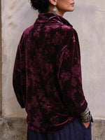 Vintage Burgundy Floral Embossed Velvet Half-zip Pullover