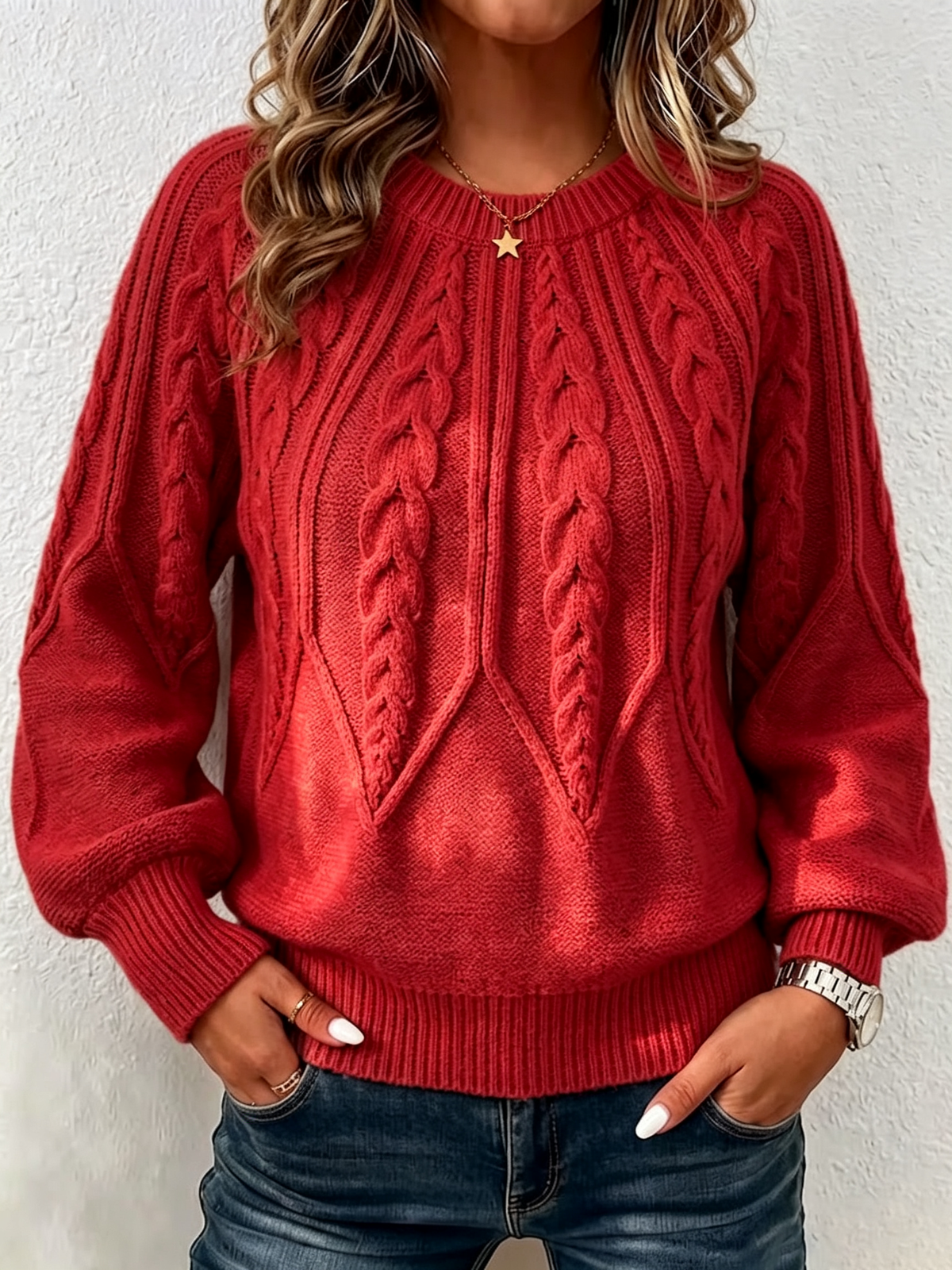 Vertical Cable Knit Raglan Balloon‑sleeve Crew Neck Sweater