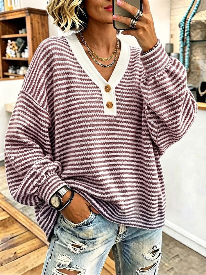 Casual V-neckline Striped Knit Top