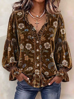 Women's V-neck Long-sleeve Casual Loose Vintage Floral Velvet Cardigan Top