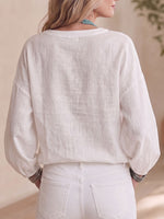 Women's Round Neck Long-sleeved Sequined Patchwork Casual Loose Cotton And Linen Top