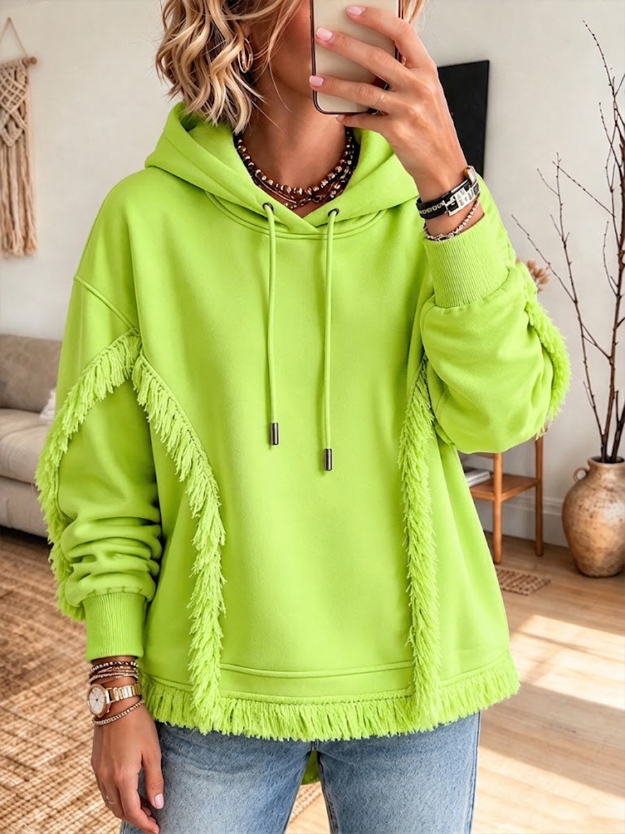 Oversized, Casual, Neon-green Hooded Sweatshirt With Fringe Detailing