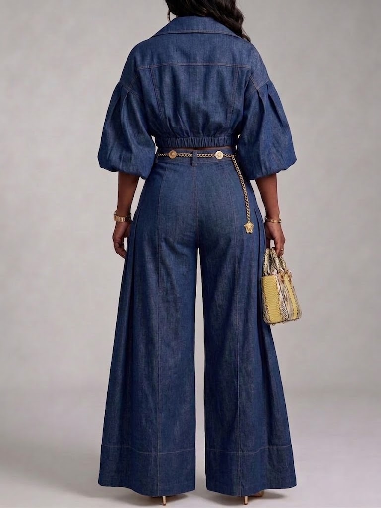 Casual Cropped Zip-up Denim Jacket And Wide-leg Trousers Set