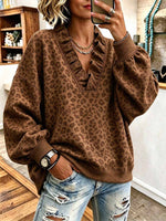Women's Leopard Print V-Neck Long Sleeve Ruffle Trim Pullover Sweatshirt