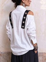 Women's White Cold Shoulder Button-down Shirt With Grommet Straps