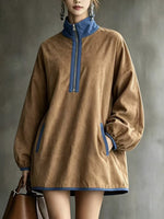 Casual Faux Suede Half-Zip Dress with Contrast Trim
