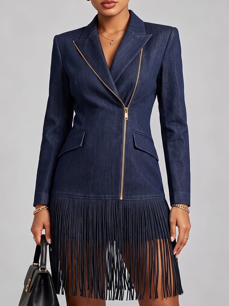 Women's Collared Long-sleeved Casual Loose-fitting Tassel Denim Dress