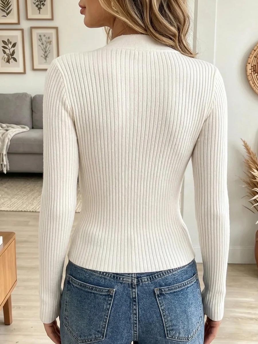 Women's Ribbed Knit Deep V-neck Cutout Sweater