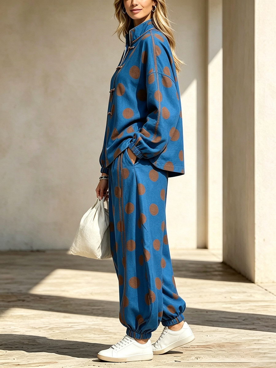 Cozy Fall Casual Polka Dot Frog Button Tracksuit Set