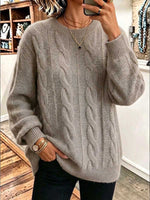 Women's Solid Color Round Neck Long Sleeve 3d Cable Knit Casual Loose Pullover Knit Sweater
