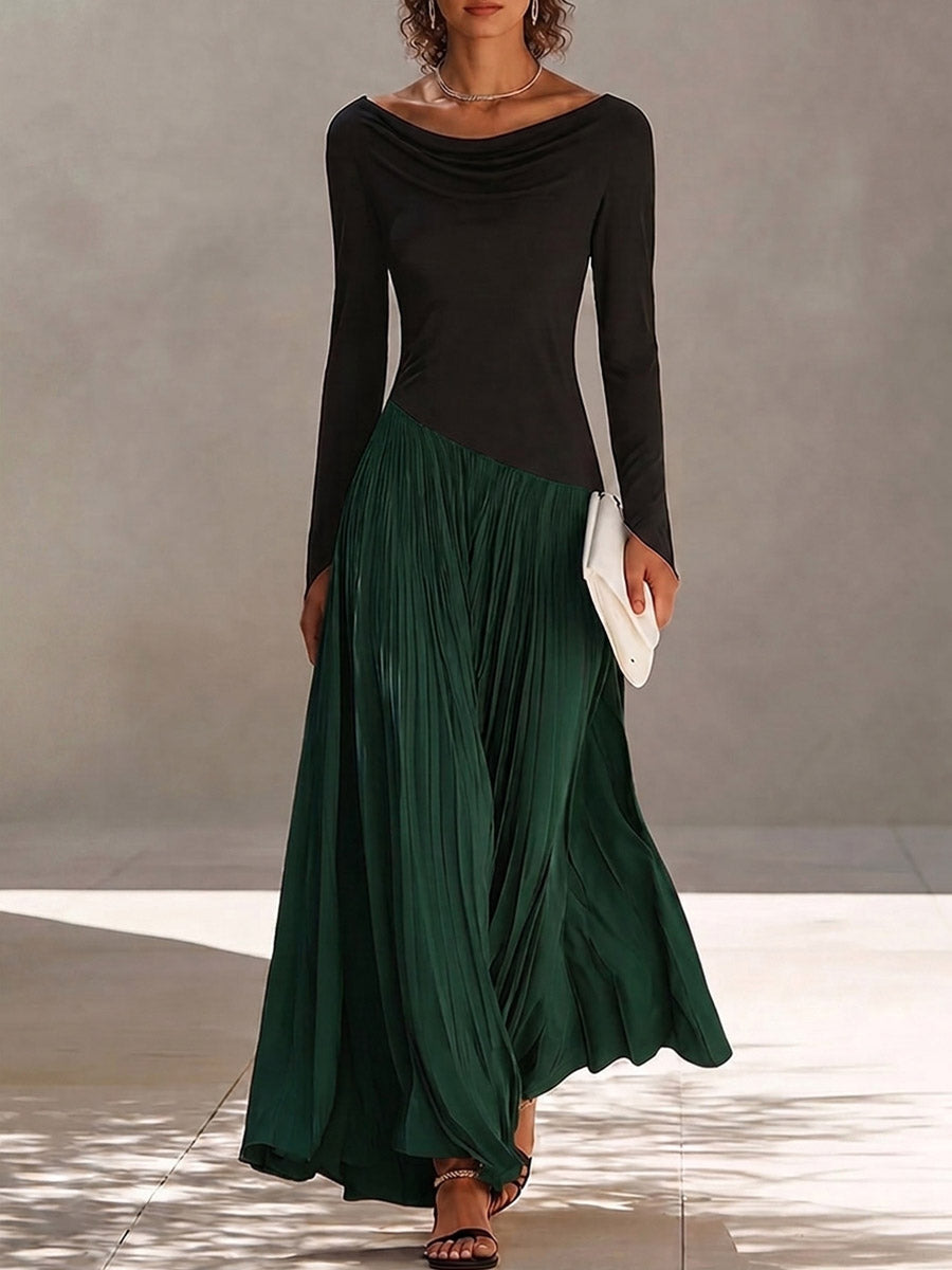 Women's Long-sleeved Casual Loose-fitting Color-blocked Dress With A Ruffled Neckline