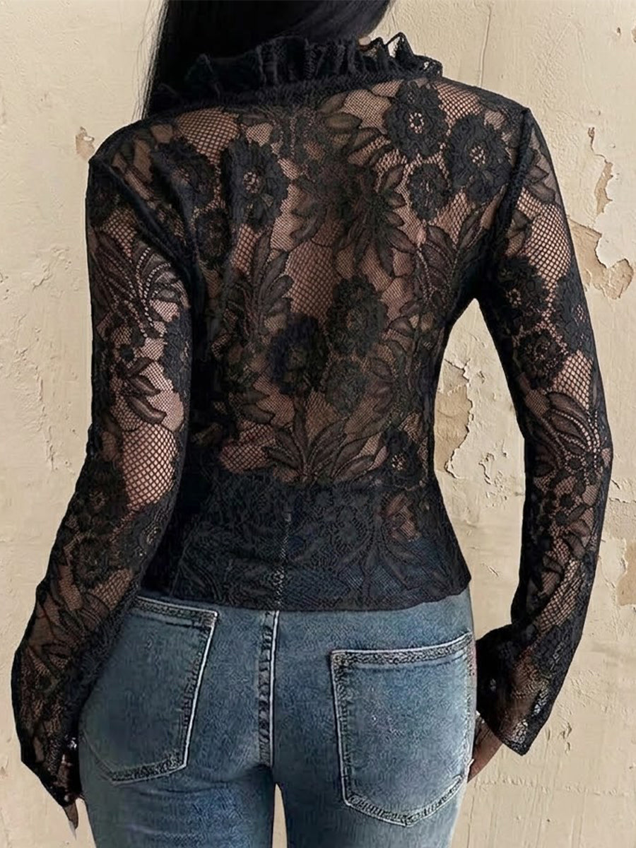 Long-sleeve Lace Shirt With V-neck And Tie-front Detail