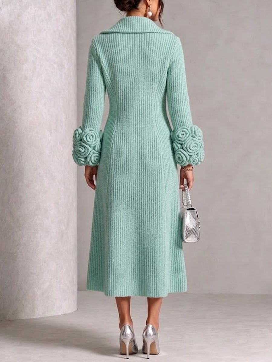 Double-breasted Knit Coat With 3d Rose Detailing On The Cuffs