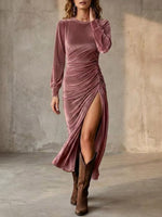 Glamorous Brown Velvet Ruched High-slit Maxi Dress
