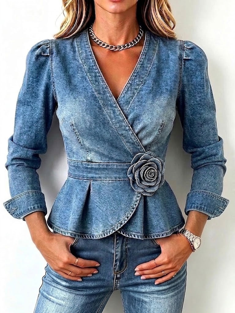 V‑neck Wrap Cross 3d Rose Peplum Denim Top