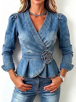 V‑neck Wrap Cross 3d Rose Peplum Denim Top