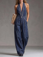 Women's V-neck Sleeveless Casual Loose Denim Wide-leg Jumpsuit