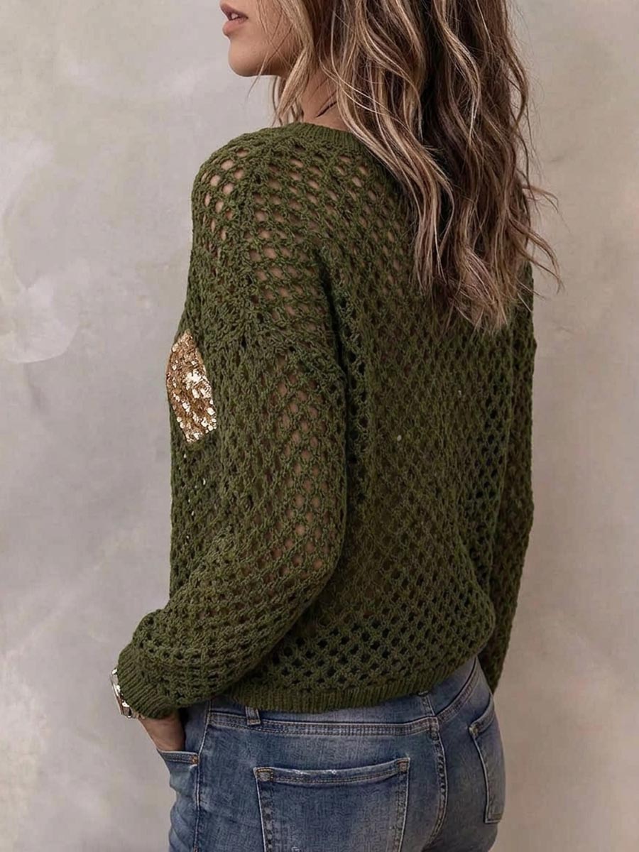 Women's Olive Green Hollow Out Crochet Sweater With Sequin Diamonds