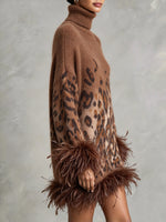 Chic Ombré Leopard-print Feather-trim Knit Dress