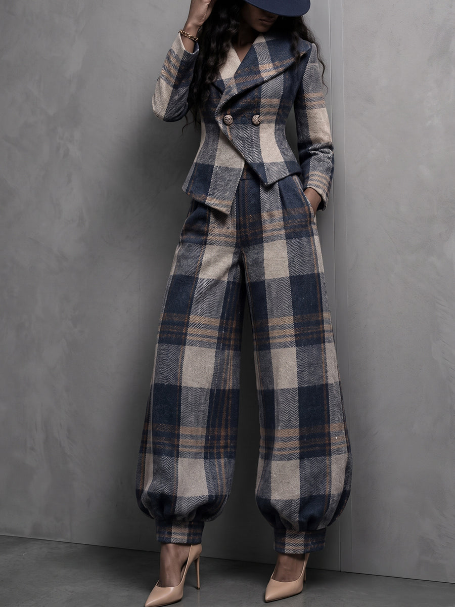 Sophisticated Plaid Wool-Blend Tailored Blazer